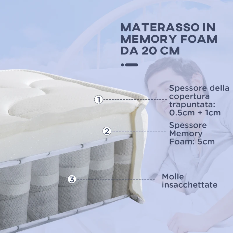 HOMCOM Materasso Matrimoniale 180x190x20 cm in Memory Foam con Molle Insacchettate e Fodera Trapuntata Traspirante