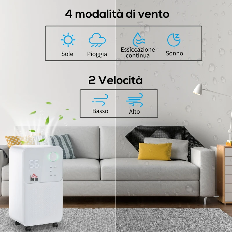 HOMCOM Deumidificatore Portatile da 12L, 4 Modalità e 2 Velocità, Timer 24h, 28x20x50.5cm, Bianco