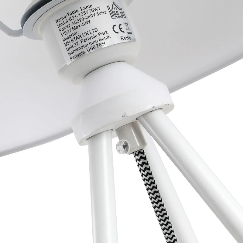 HOMCOM 40W Tripod Table Lamp Metal Base Fabric Shade Warm Light Bedroom Living Room Home w/ Switch Anti Slip Feet White
