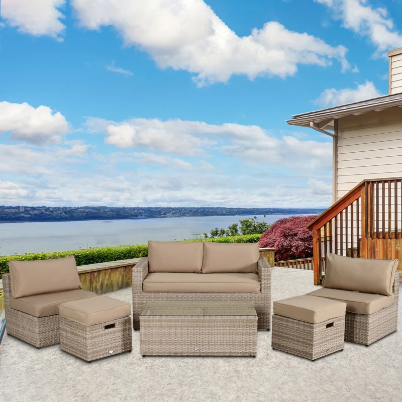 Outsunny Set 6 Pezzi Salotto da Esterni con Divano Poltrona Pouf | Mobili da Giardino Salvaspazio | Colore: Cachi, Beige