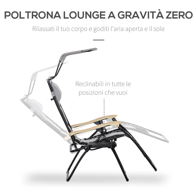Outsunny Sdraio da Giardino Zero Gravity Pieghevole con Porta Bicchieri e Tettuccio, 89x65x113cm, Grigio Chiaro