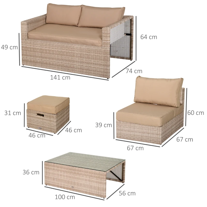 Outsunny Set 6 Pezzi Salotto da Esterni con Divano Poltrona Pouf | Mobili da Giardino Salvaspazio | Colore: Cachi, Beige