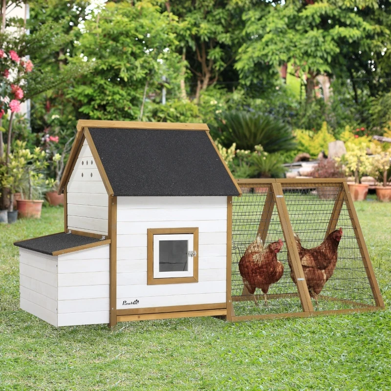 PawHut Chicken Coop, Rabbit Hutch, Hen House, Wooden Poultry Cage with Outdoor Run, Nesting Box, Removable Tray, Window and Lockable Door, 197 x 93 x 110cm