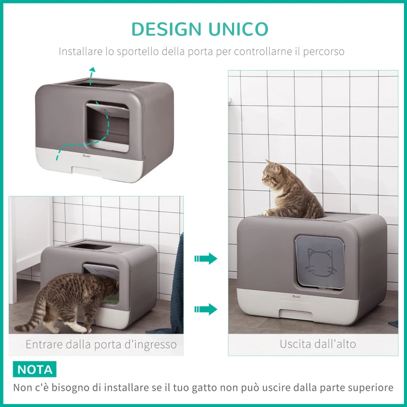 PawHut Lettiera Coperta per Gatti con Coperchio a 2 Entrate, Palettina e Vassoio Estraibile, Grigio Scuro