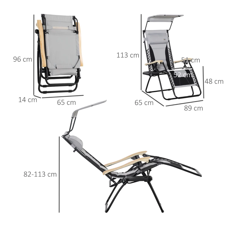 Outsunny Sdraio da Giardino Zero Gravity Pieghevole con Porta Bicchieri e Tettuccio, 89x65x113cm, Grigio Chiaro