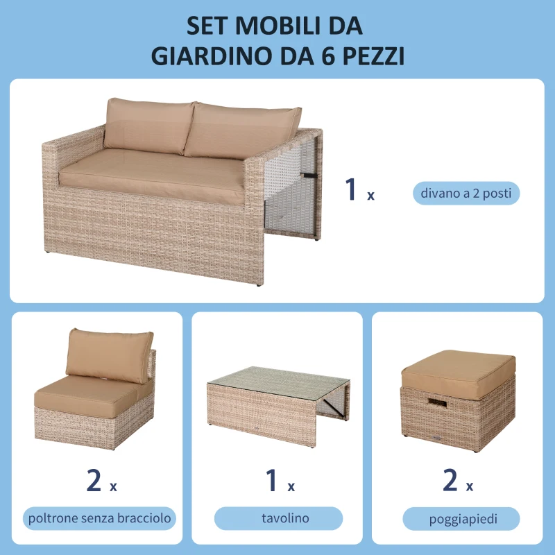 Outsunny Set 6 Pezzi Salotto da Esterni con Divano Poltrona Pouf | Mobili da Giardino Salvaspazio | Colore: Cachi, Beige