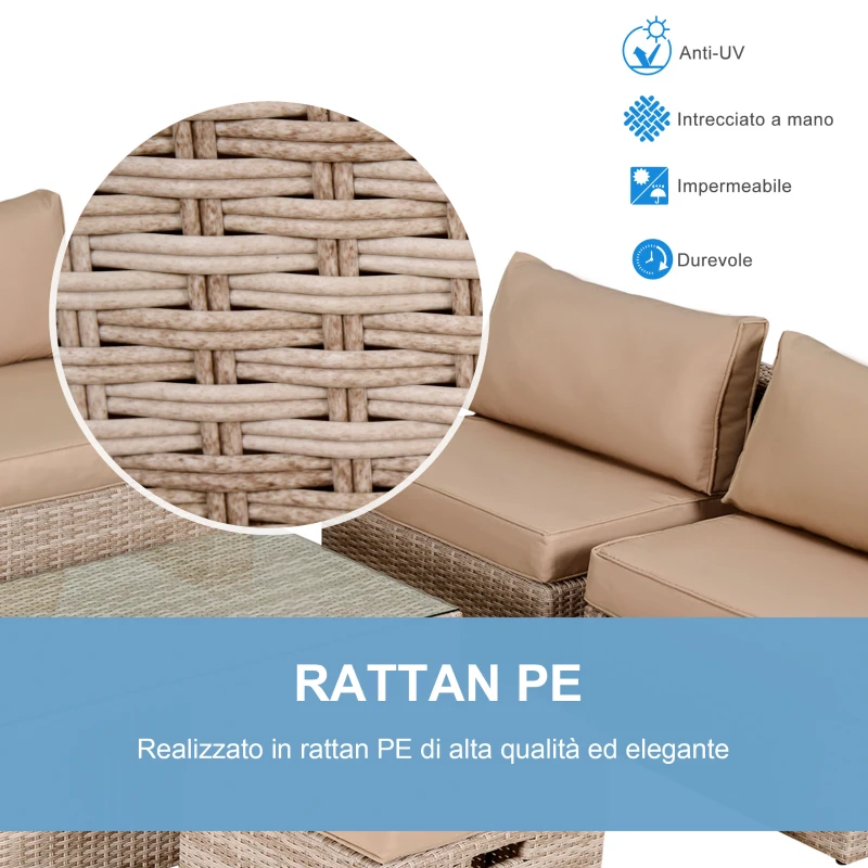Outsunny Set 6 Pezzi Salotto da Esterni con Divano Poltrona Pouf | Mobili da Giardino Salvaspazio | Colore: Cachi, Beige