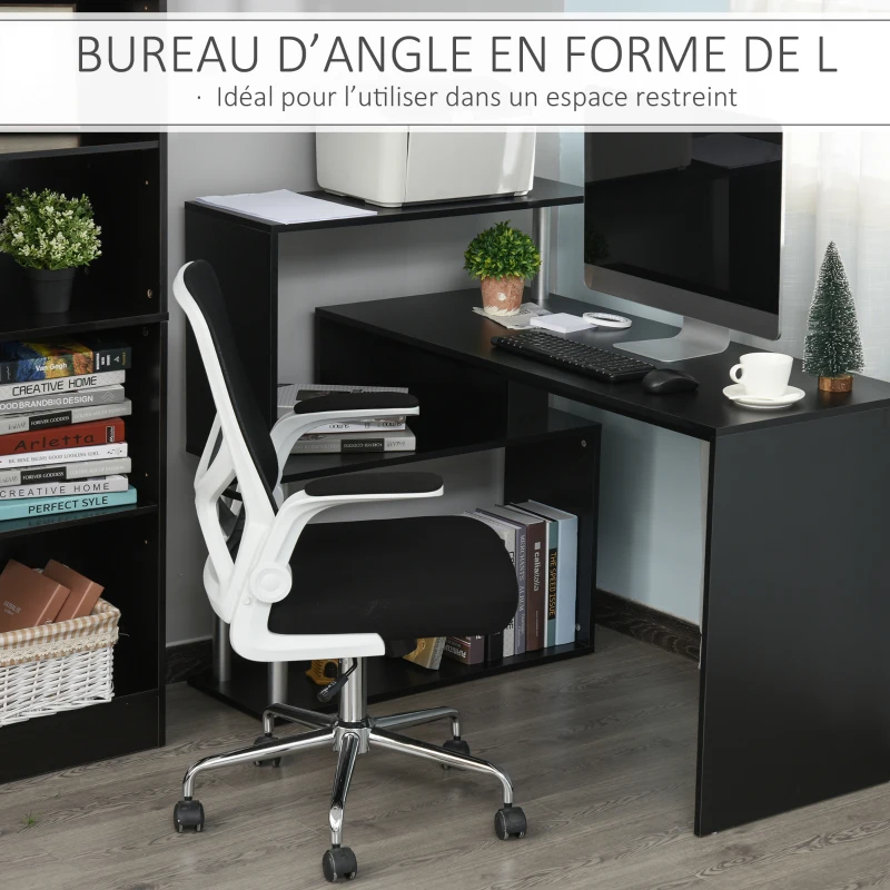 HOMCOM Bureau d'angle Design Contemporain bibliothèque intégrée en S Panneaux Particules Noir Alliage alu.