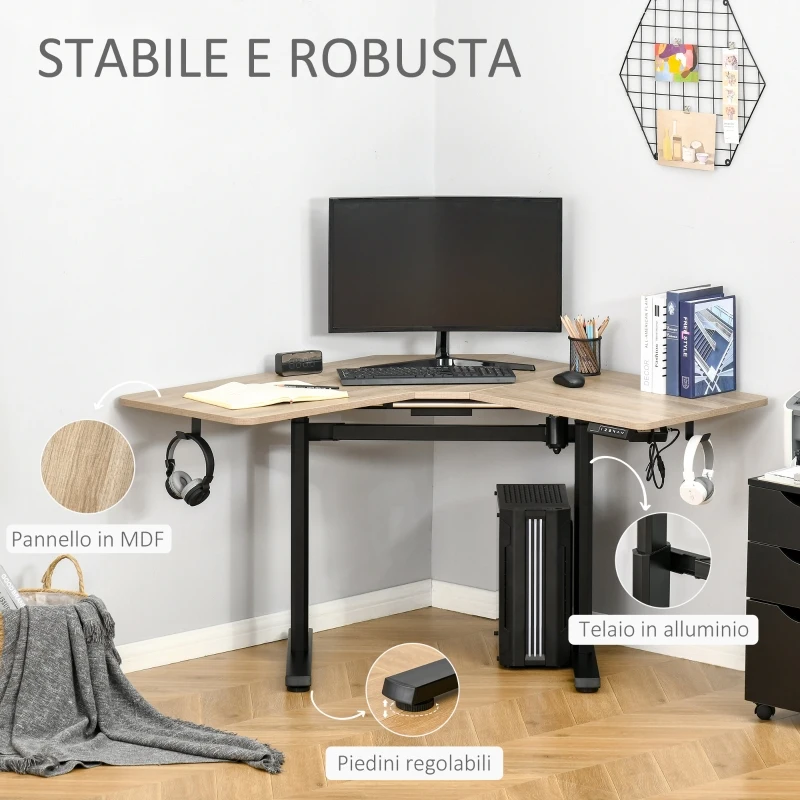 Vinsetto Scrivania Motorizzata Angolare, Tavolo Sollevabile a 4 Altezze con Regolazione Elettrica, Alluminio e MDF, 167x101x72-122cm, Colore Legno