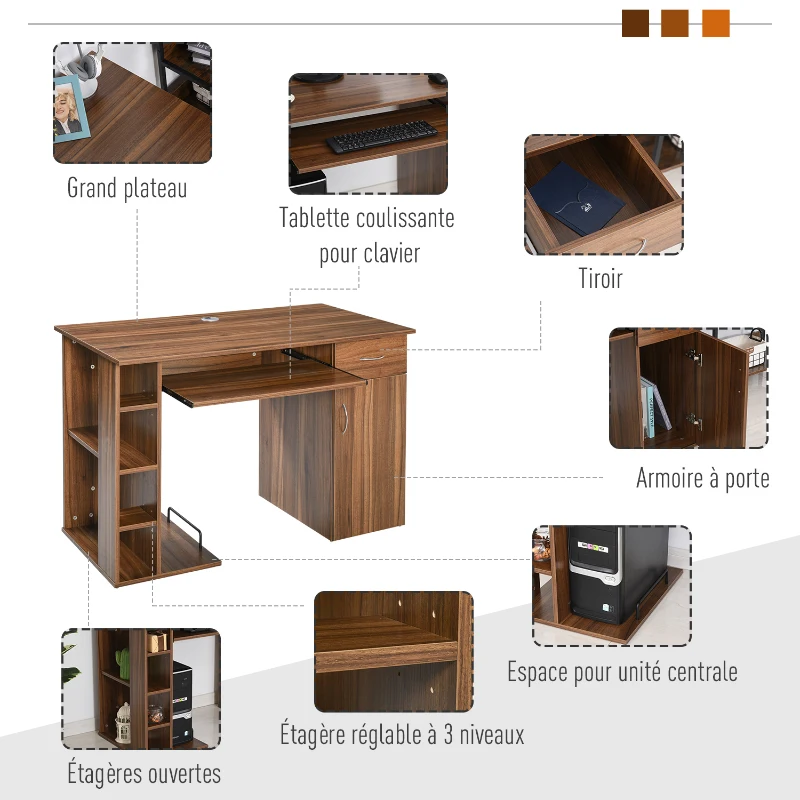 HOMCOM Bureau informatique table d'ordinateur multimédia multi-rangements avec étagère tiroir tablette clavier MDF 120 x 60 x 74 cm noyer