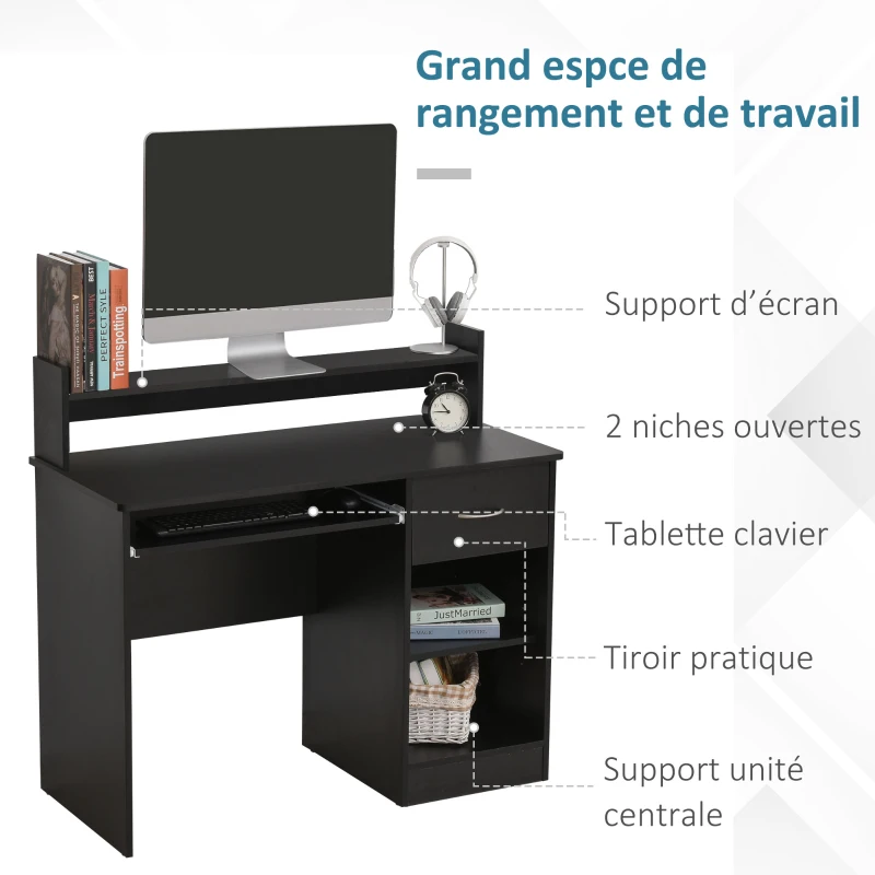 HOMCOM Bureau Informatique Table d'ordinateur Multi-rangements en bois Noir