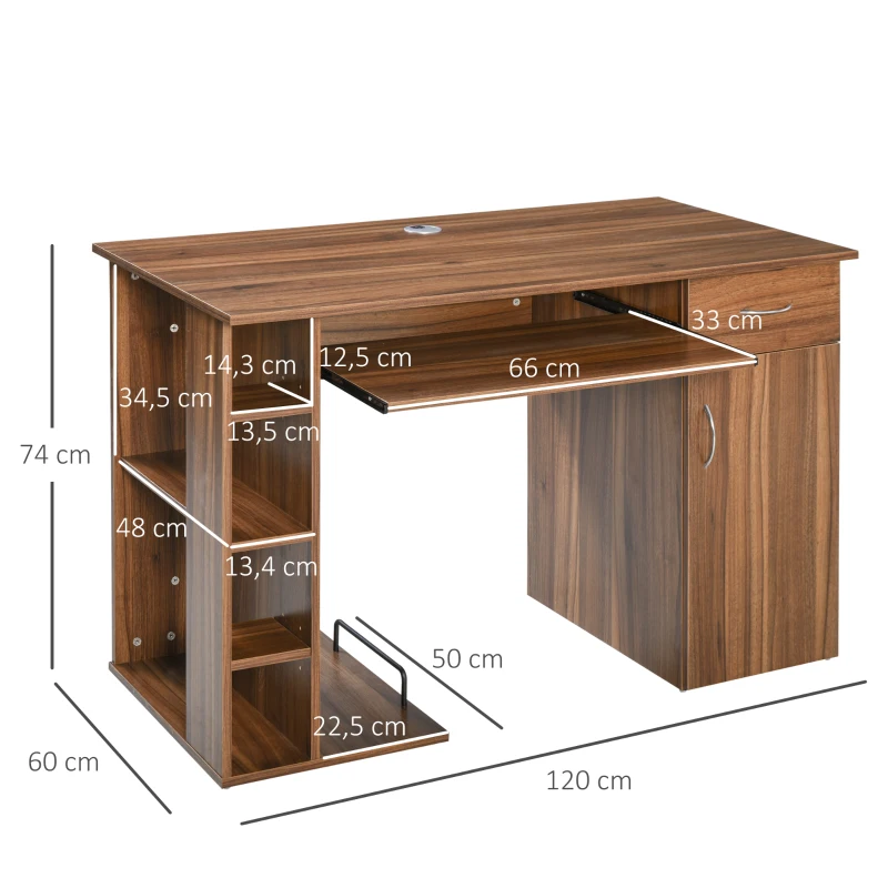HOMCOM Bureau informatique table d'ordinateur multimédia multi-rangements avec étagère tiroir tablette clavier MDF 120 x 60 x 74 cm noyer
