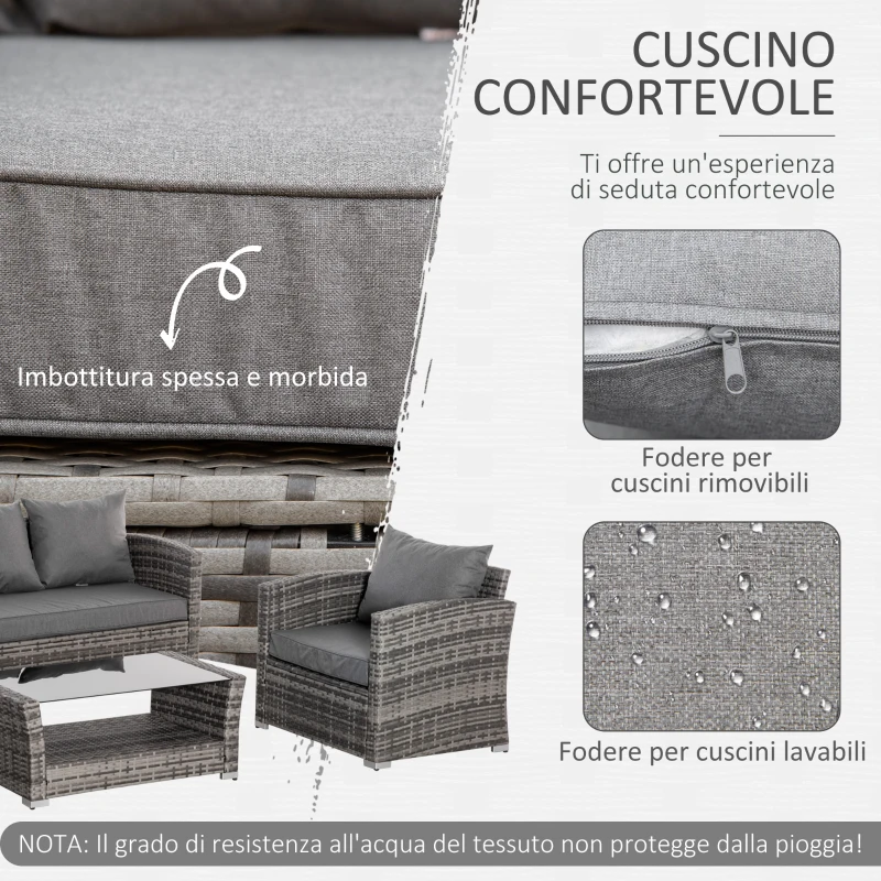 Outsunny Set Salotto da Giardino in Rattan PE con Divano 3 Posti, 2 Poltrone e Tavolino con Vetro, Grigio