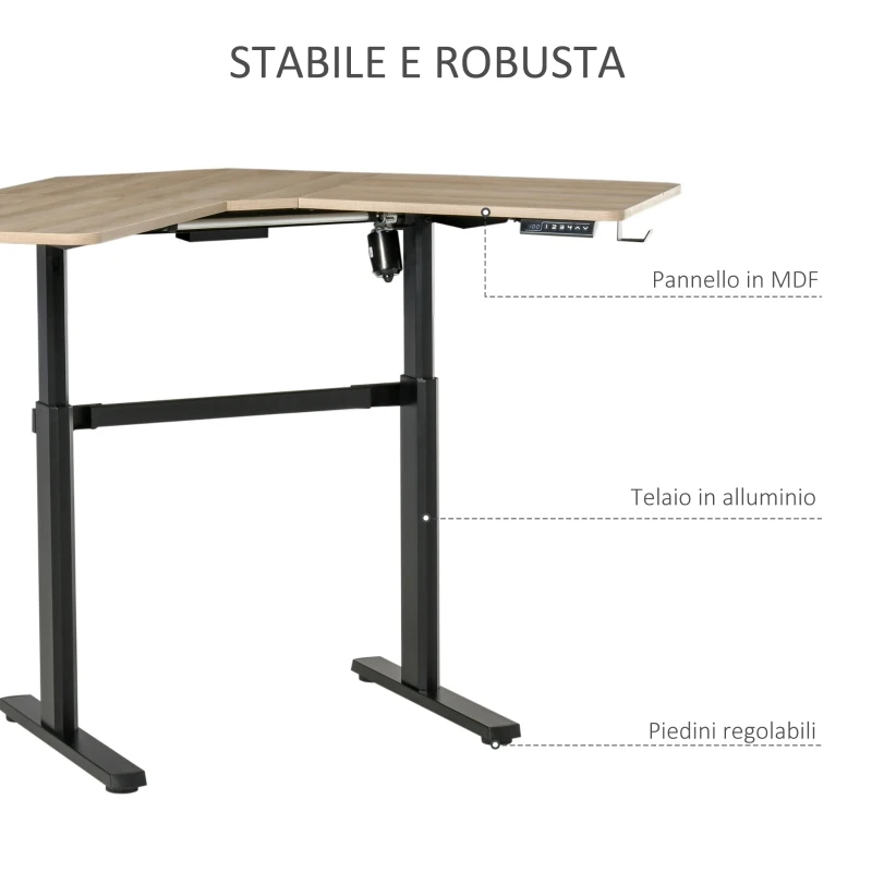 Vinsetto Scrivania Motorizzata Angolare, Tavolo Sollevabile a 4 Altezze con Regolazione Elettrica, Alluminio e MDF, 167x101x72-122cm, Colore Legno