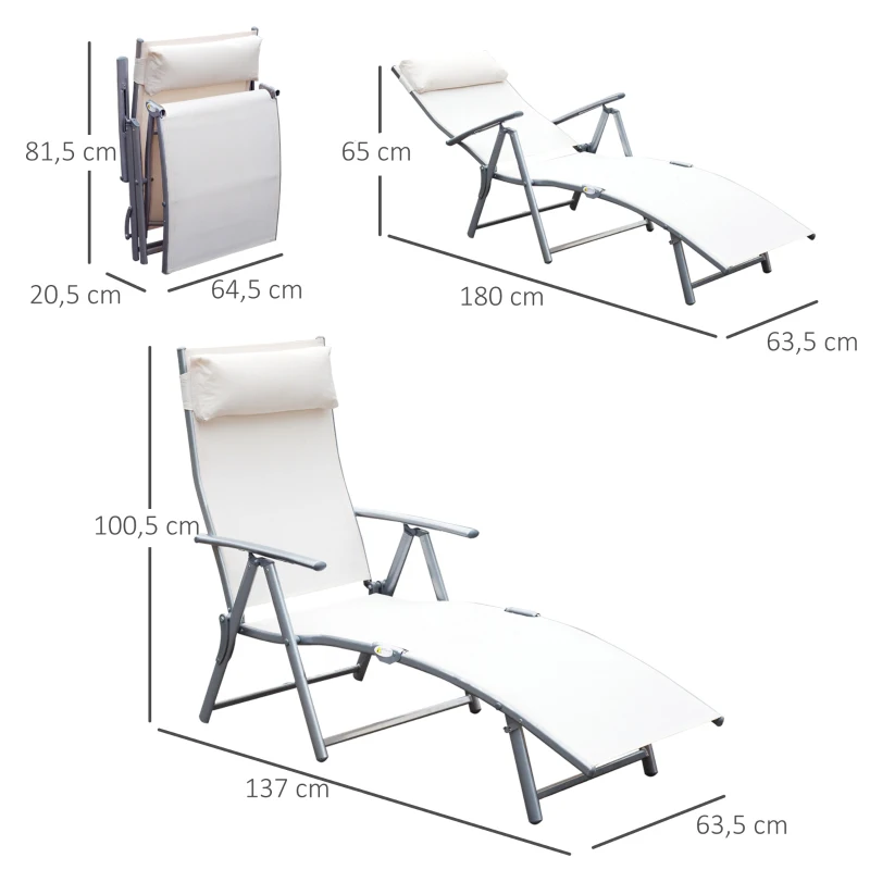 Outsunny Espreguiçadeira Dobrável de Jardim com Encosto Ajustável em 7 Posições Apoio para a Cabeça 137x63,5x100,5cm Creme