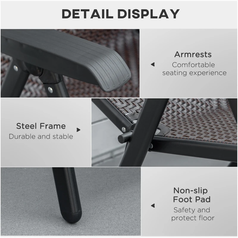 Outsunny Set of Two Folding Garden Chairs, with Seven-Position Adjustable Backs - Brown