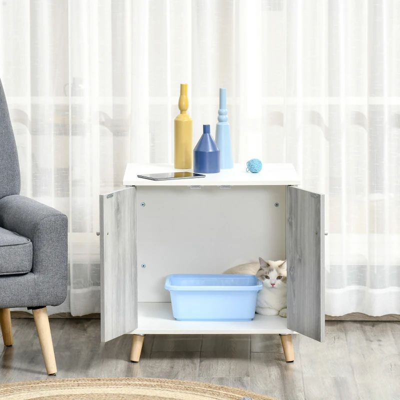 PawHut Cat Litter Box Enclosure End Table Indoor Decorative Cat House Cabinet with 2 Magnetic Door, Wide Tabletop White