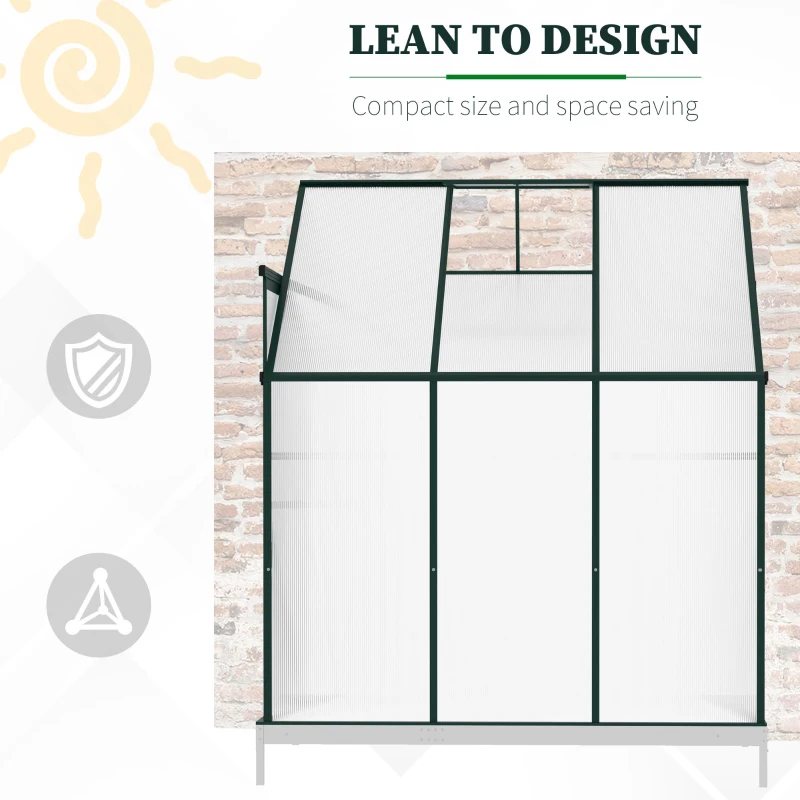 Outsunny Walk-In Lean to Greenhouse Garden Heavy Duty Aluminium Polycarbonate with Roof Vent for Plants Herbs Vegetables, Green, 6 x 4ft