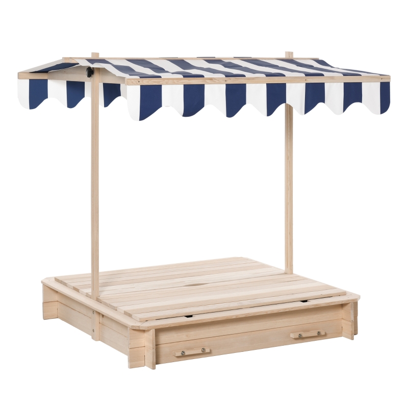 Outsunny Kids Square Wooden Sandpit Children Cabana Sandbox Outdoor Backyard Playset Play Station Adjustable Canopy Convertible Bench Seat Sand Protection Cover Bottom Liner Fir Wood 106x106x121cm