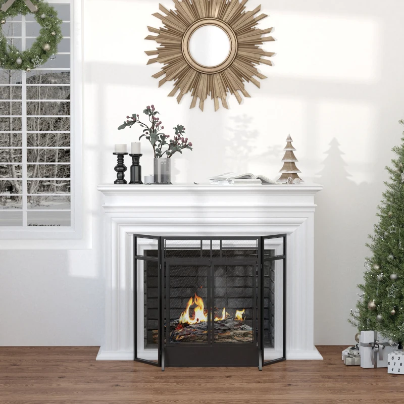 HOMCOM 3-Panel Folding Fireplace Screen with Door, Freestanding Spark Guard, Metal Mesh Fireguard, Black