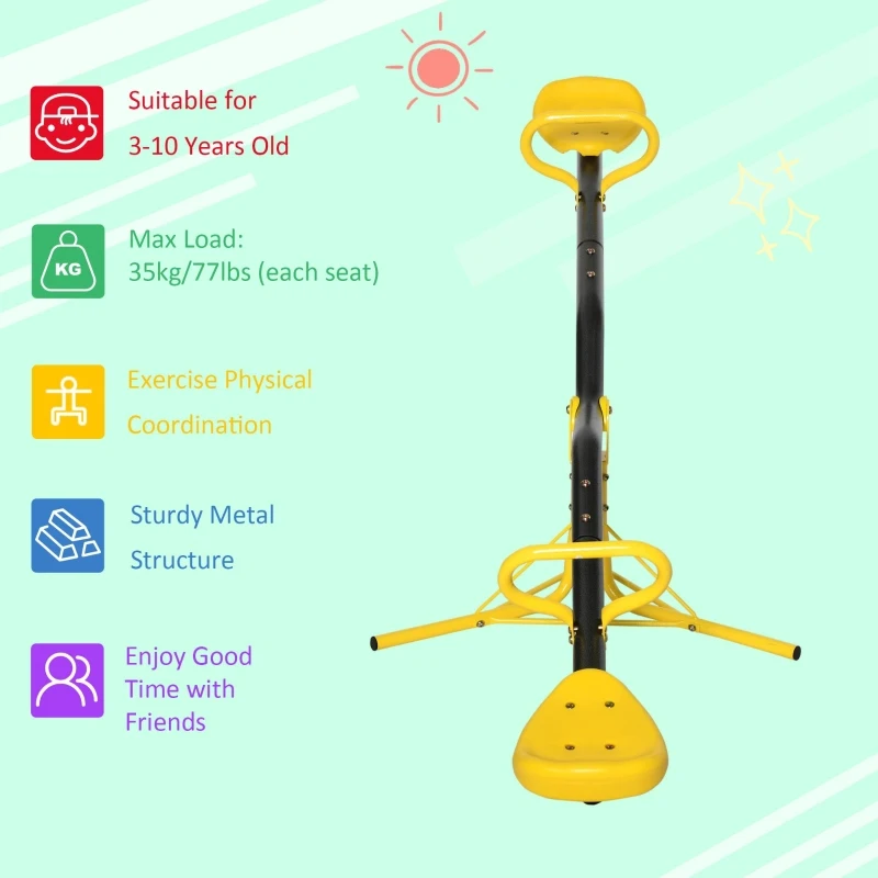 Outsunny 360° Rotating Kids Seesaw Metal Teeter-Totter Children Playground Equipment for Indoors and Outdoors, for Ages 3-7 years, Yellow