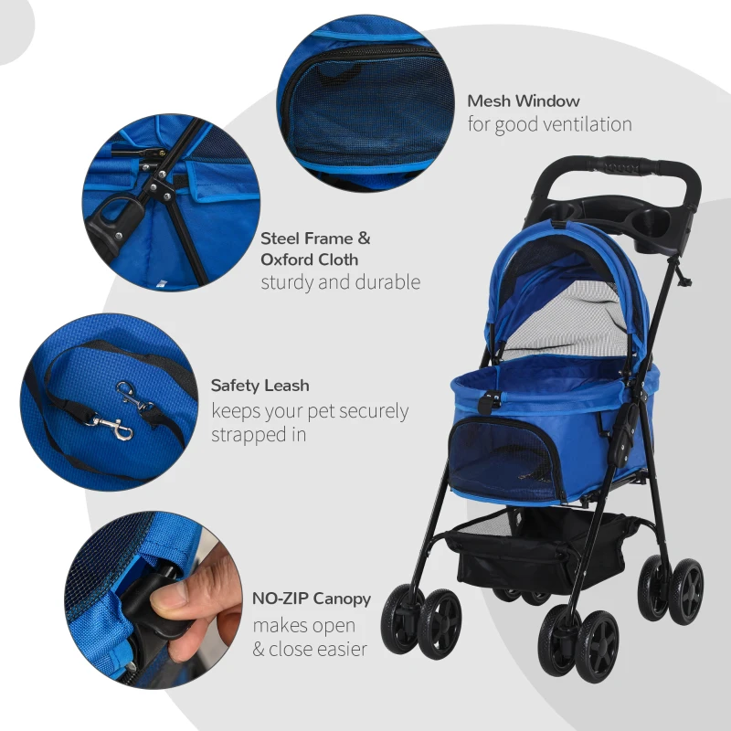 PawHut No-Zip Dog Stroller Pet Cat Travel Pushchair One-Click Fold Trolley Jogger with EVA Wheels Brake Basket Adjustable Canopy Safety Leash Blue