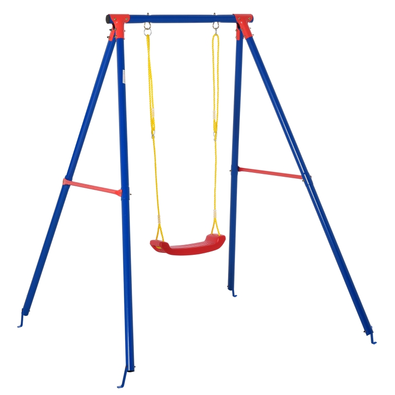 Outsunny Metal Swing Set with Seat Adjustable Rope Heavy Duty A-Frame Stand Backyard Outdoor Playset for Kids Fun 3-8 Years Old Blue