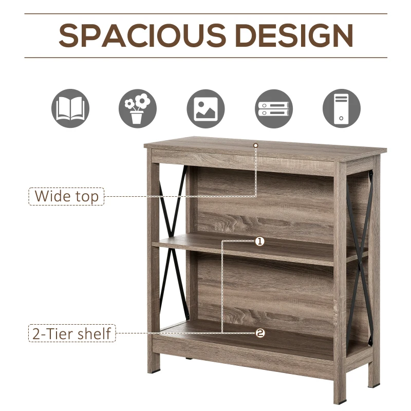 HOMCOM 2-Tier Bookcase Display Shelf Unit w/ Steel Bar Home Furniture Novel Organisation Reading Study Office Bedroom Brown