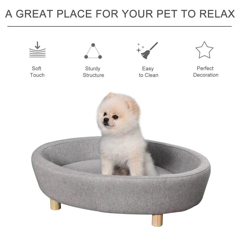 PawHut Pet Sofa Couch for Medium-Sized Dog Cushioned Bed Wooden legs, Light  Grey 81cm x 61cm x 24cm Grey