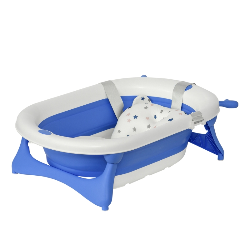 HOMCOM Collapsible Baby Bath Tub Foldable Ergonomic w/ Cushion Temperature Sensitive Water Plug Non-Slip Support Leg Portable for 0-3 Years, Blue