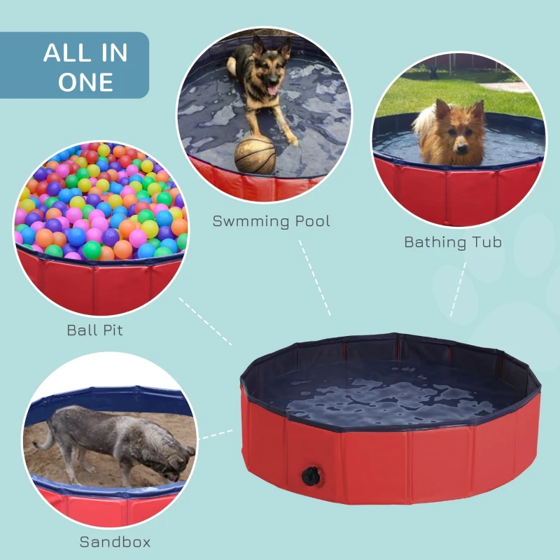 PawHut Foldable Dog Paddling Pool Pet Cat Swimming Pool Indoor/Outdoor Collapsible Summer Bathing Tub Shower Tub Puppy Washer (Φ80 × 20H cm, Red)