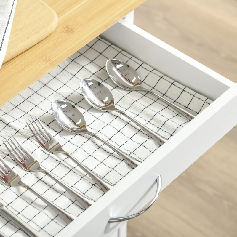 HOMCOM Rolling Kitchen Island Trolley Utility Cart on Wheels with Bamboo Table Top, Storage Cabinet, Drawer and Wire Basket