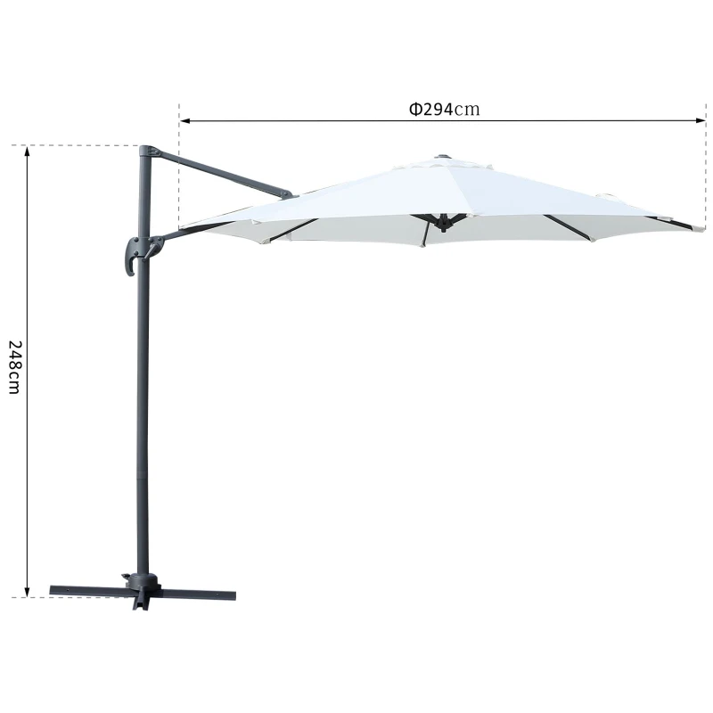 Outsunny 3 meter Patio Offset Roma Parasol Umbrella Cantilever Hanging Sun Shade Canopy Shelter 360° Rotation with Cross Base, Cream White