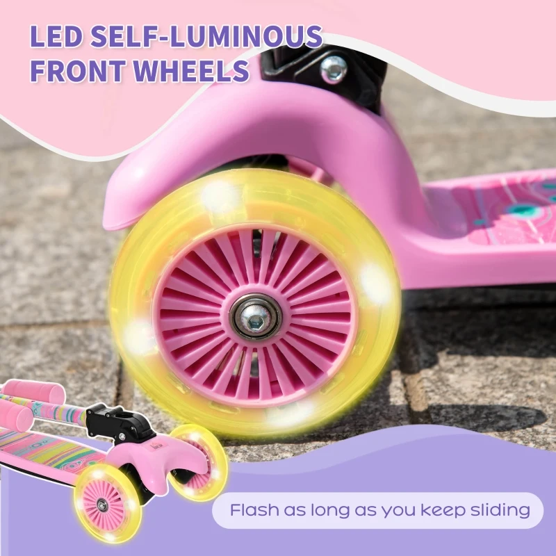 HOMCOM Toddler Scooter, 3 Wheel Scooter, Foldable Adjustable Height LED Flashing Wheels for Boys&Girls 3-8 Years Pink