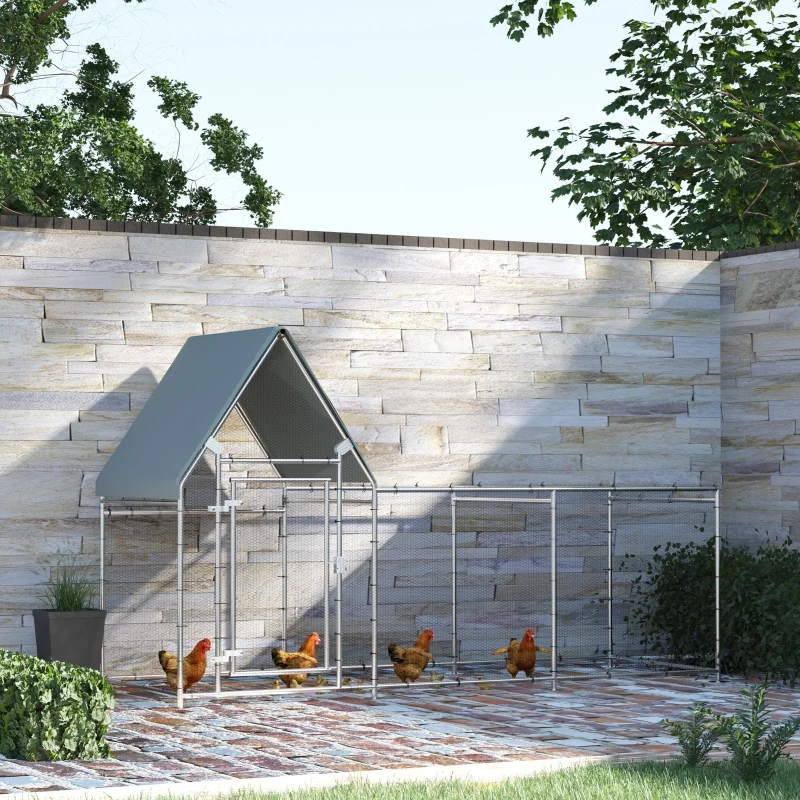 PawHut Walk In Chicken Run, Large Galvanized Chicken Coop Hen House Poultry Coops Cages Rabbit Hutch Metal Enclosure with Water-Resist Cover for Outdoor 302 x 107 x 172cm