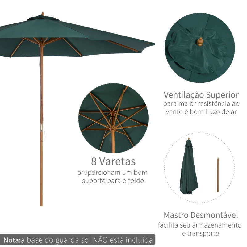 Outsunny Chapéu de Sol Ø300x250cm Chapéu de Sol com Mastro de Madeira com 8 Hastes Sistema de Polia com Fixação Verde