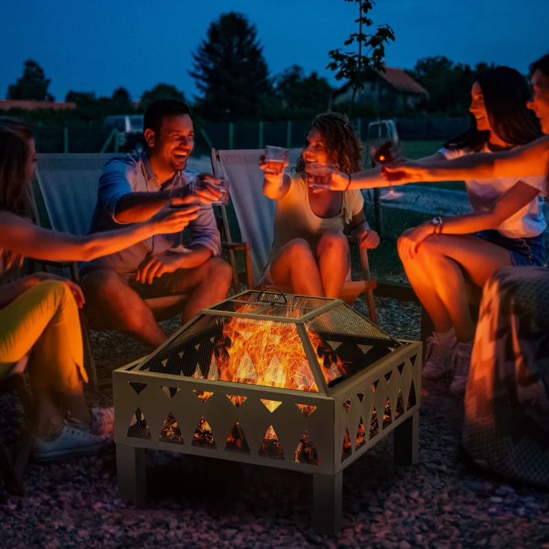 Outsunny 66cm Outdoor Fire Pit with Screen Cover & Poker, Wood-burning Firepit Bowl for Patio, Backyard, Black