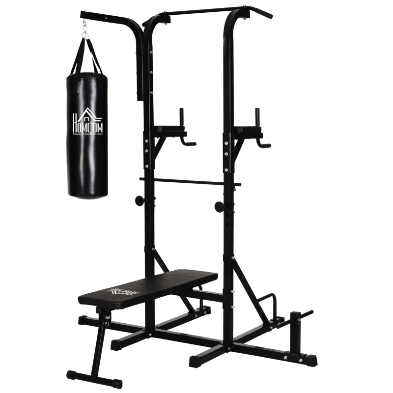 HOMCOM Home Gym Power Tower with Bench and Punching Bag, Multi-Function Adjustable Dip Sit Up Workout Station Equipment Heavy Duty for Home