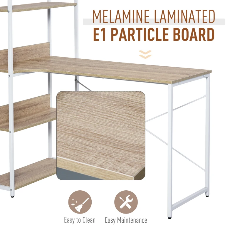 HOMCOM Retro Industrial Computer Desk Home Office Table with 4-Tier Storage Shelf Metal Frame Computer Workstation for Home Office, Oak