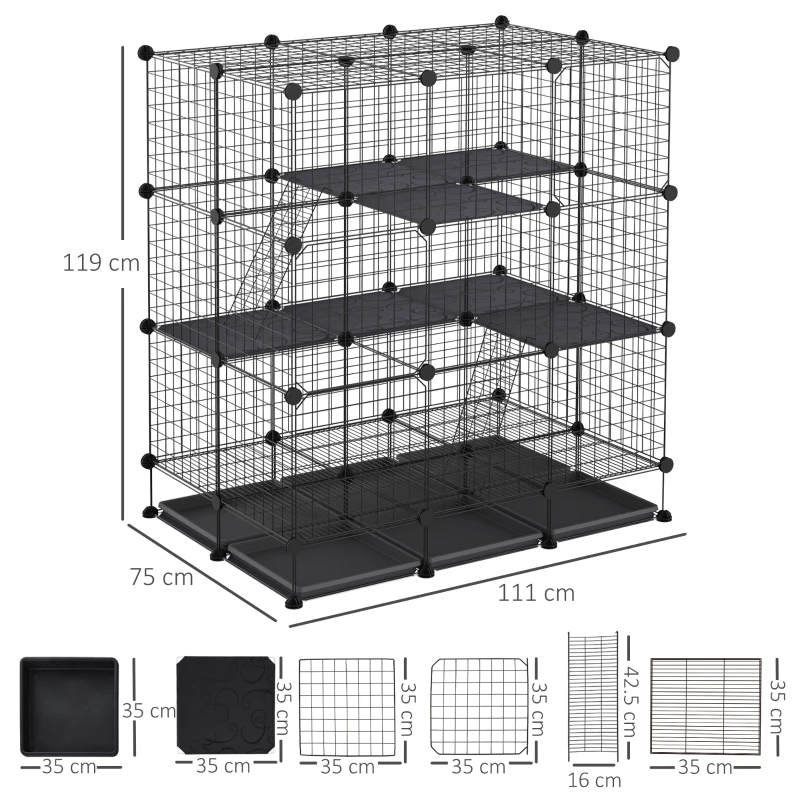 PawHut 3 Level DIY Pet Playpen Metal Small Animal Cage Rabbit Ferret Chinchillas Cage 4 Doors Bottom Trays Black