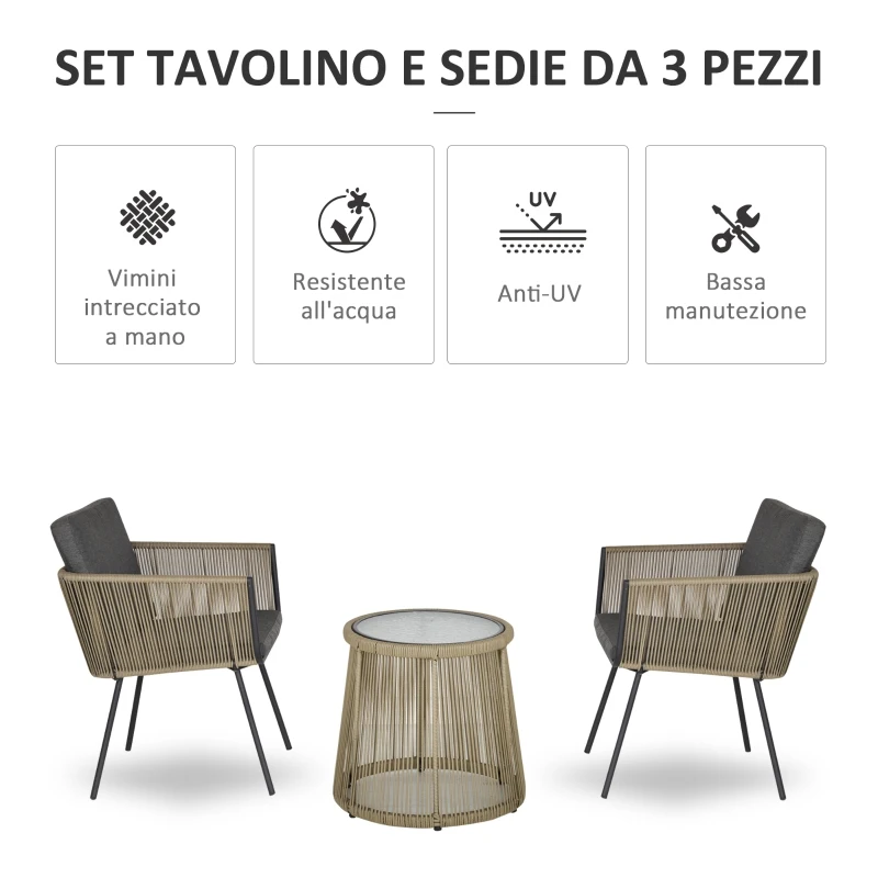 Outsunny 3 PCS Webbed Wicker Rattan Patio Furniture Conversation Bistro Set  2 Chairs 1 Coffee Table w/ Metal Legs for Garden, Backyard, Deck