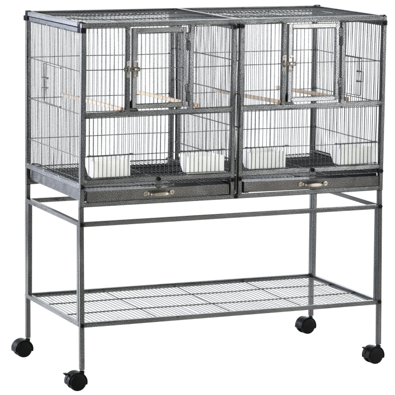 PawHut Wide Large Metal Bird Cage for Finch Canaries Parakeets Cockatiels with Rolling Stand, Removable Metal Tray, Storage Shelf, Wood Perch