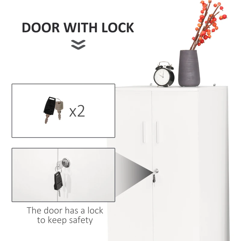 HOMCOM 3-Tier Bookcase Display Shelf Unit with Steel Leg Lock Door Home Furniture Study Office Living Room Bedroom White