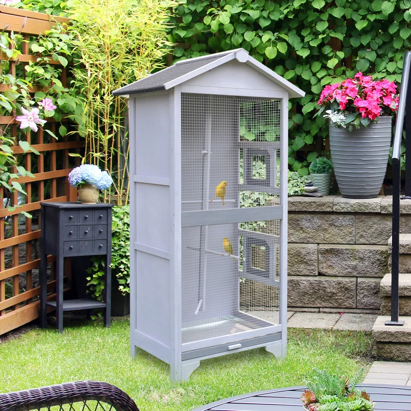 PawHut Wooden Outdoor Aviary Bird Cage w/ Stand for Budgies, Canaries, Parrot, Cockatiels Large Play House Removable Bottom Tray