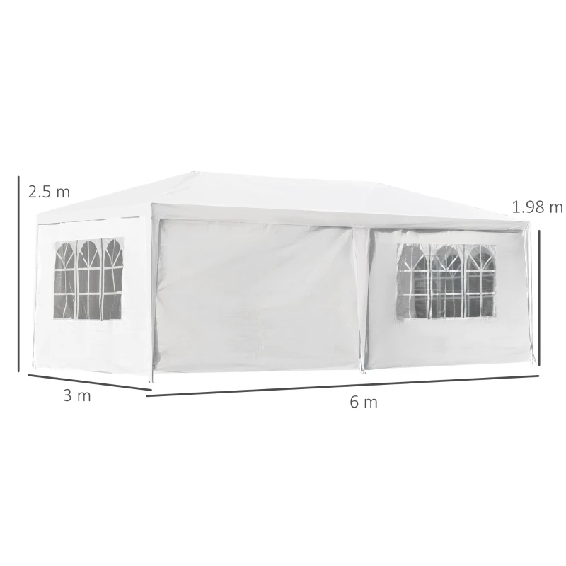Outsunny 6 x 3(m) Gazebo Canopy Party Tent with 4 Removable Side Walls for Outdoor Event with Windows and Doors, White