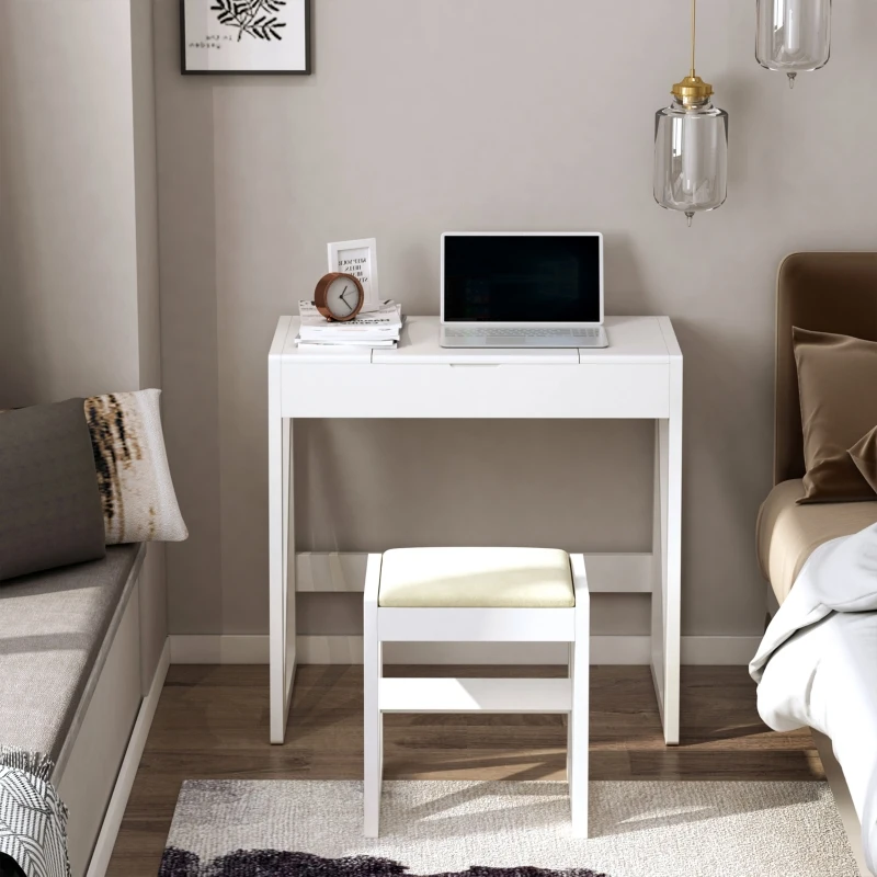 HOMCOM Dressing Table Set with Flip Top Mirror and Cushioned Stool, Makeup Vanity Table Writing Desk with Storage Grids for Bedroom, White