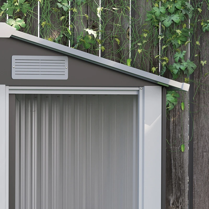 Outsunny 5ft× 4.3ft Outdoor Storage Shed, Tool Storage Shed with Sliding Door, Sloped Roof and Floor Foundation for Garden, Backyard, Patio, Lawn, Grey