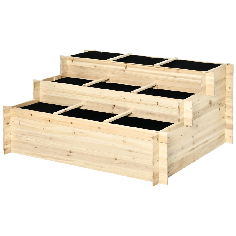 Outsunny 117cm x 100cm x 54cm 3 Tier Raised Garden Bed 376L Fir Wood Elevated Planter Flower Box with 9 Grow Grids and Non-woven Fabric for Vegetables, Flower, Herb Outdoor Indoor Use