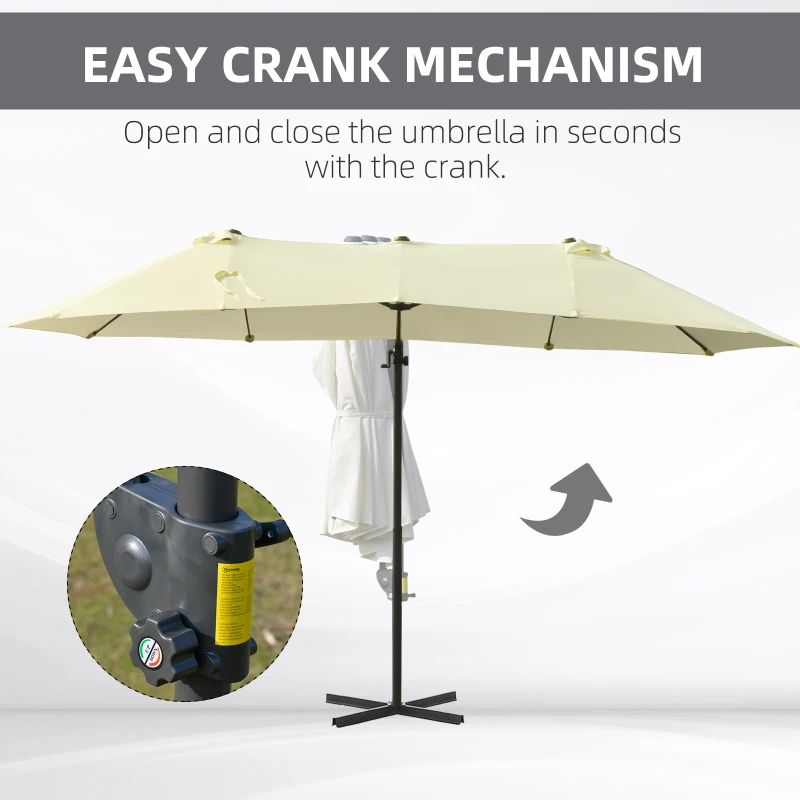 Outsunny Double Parasol Patio Umbrella Garden Sun Shade w/ Steel Pole 12 Support Ribs Crank Handle Easy Lift Twin Canopy - Beige