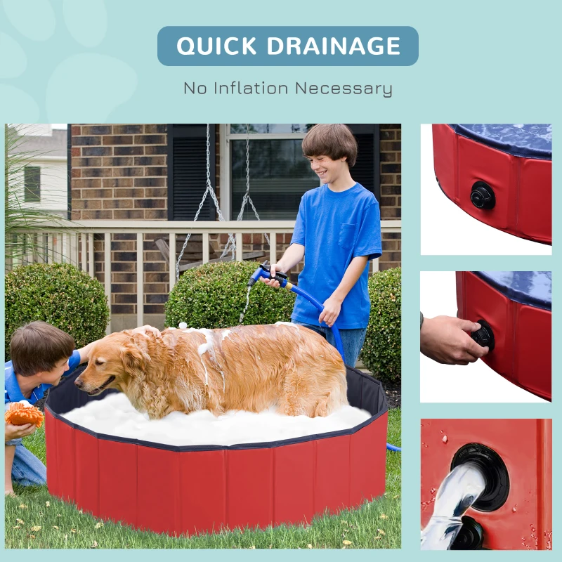 PawHut Foldable Dog Paddling Pool Pet Cat Swimming Pool Indoor/Outdoor Collapsible Summer Bathing Tub Shower Tub Puppy Washer (Φ120 × 30H cm, Red)